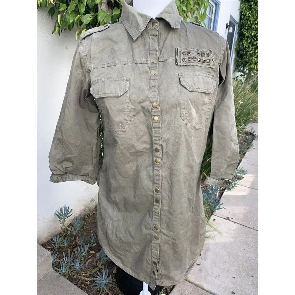 Zara Womens Solid Olive Green Long Sleeve Denim Button Down Jacket Small